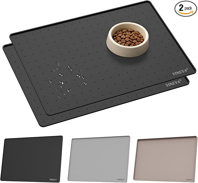 YINEYA 2 Pack Silicone Dog & Cat Food Mat Waterproof 18" x 12", Raised Edge Dog Bowl Mat for Food and Water, BPA-Free Non-Slip Pet Feeding Mats for Floors, Multifunctional Silicone Mat (Black)