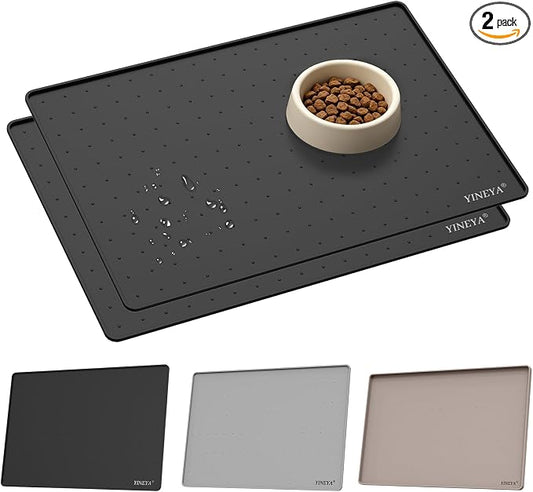 YINEYA 2 Pack Silicone Dog & Cat Food Mat Waterproof 18" x 12", Raised Edge Dog Bowl Mat for Food and Water, BPA-Free Non-Slip Pet Feeding Mats for Floors, Multifunctional Silicone Mat (Black)