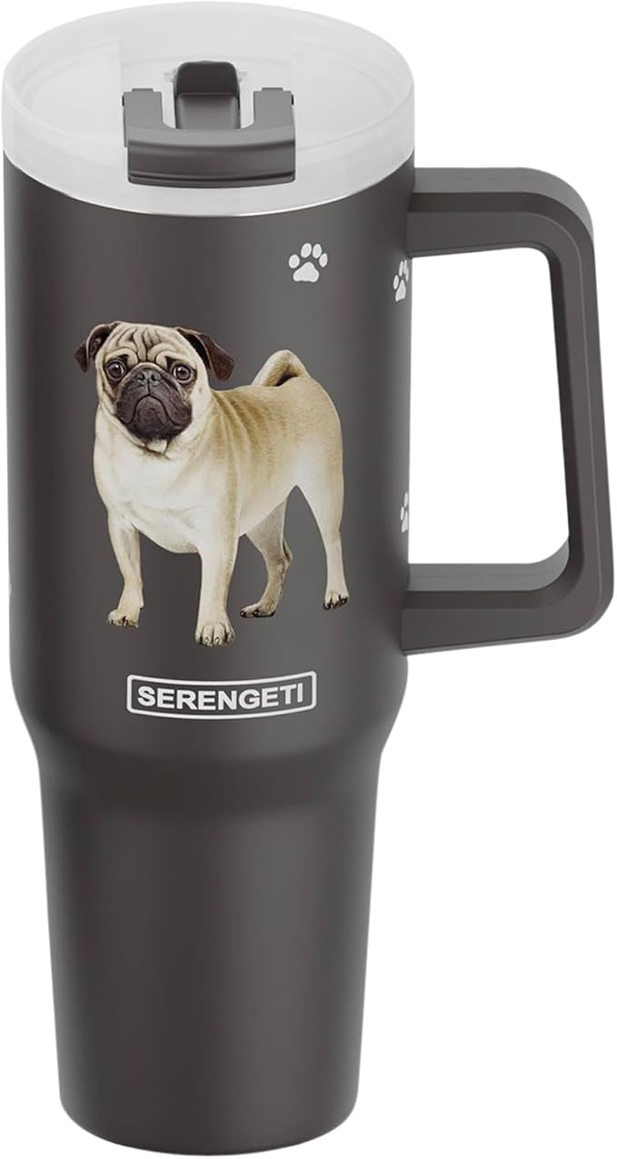 E&S Pets SERENGETI 40 Oz Ultimate Tumbler with Handle and Straw - Vacuum Insulated Tumbler with Straw and Lid - Stainless Steel Travel Mug for Pet Lovers - 3D Designs of your favorite Dog (Pug)