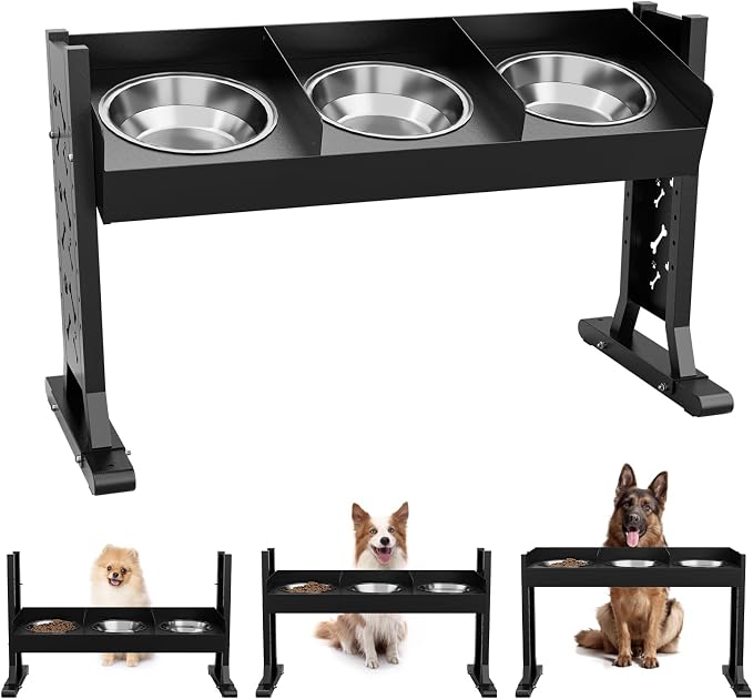 Triple Elevated Dog Bowls Stand for Multiple Dogs,8 Height Adjustable Tilted Raised Dog Bowl Stand with 3 Stainless Steel 1.3L(44oz) Bowls, 21.9" Tall Pet Feeding Station for Large Breed Dogs