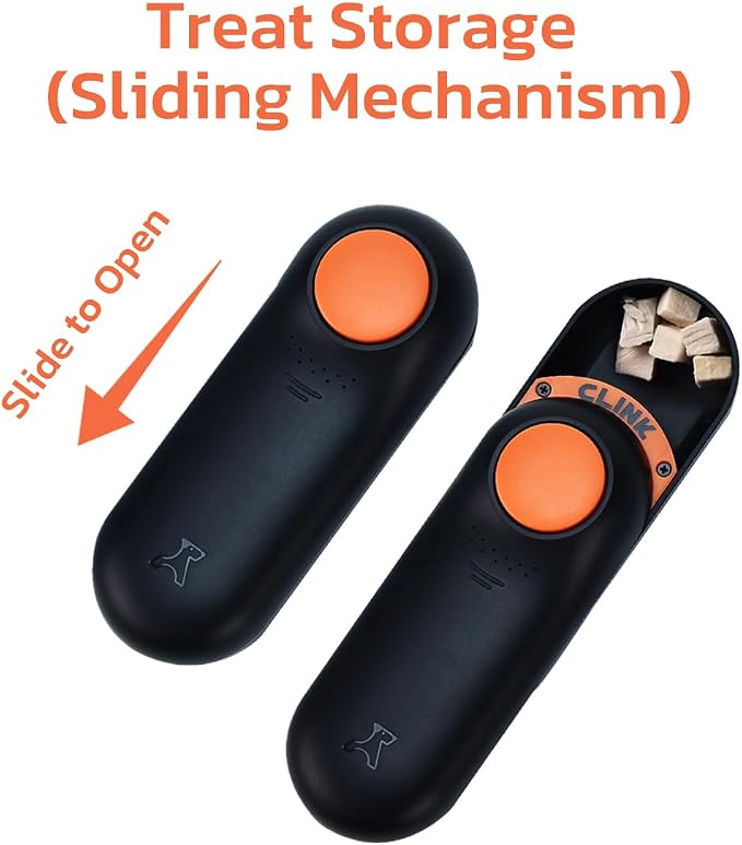 Clink Design 2-in-1 Puppy Essentials, Dog Training Clicker & Treat Carrier, Durable Food-Grade ABS, Treat Carrier with Desiccant Compartment, Compact & Lightweight Dog Stuff for Dogs - Black & Orange