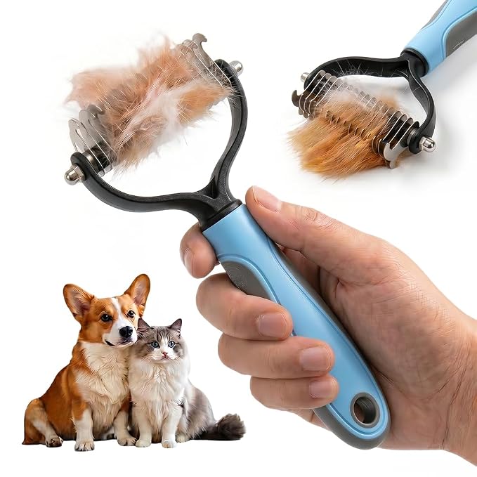 Double Sided Dematting Comb for Cats & Dogs, Undercoat Rake for Small & Large Breeds, Safe Deshedding Grooming Tool for Long Thick Haired Pets, Ergonomic Pet Grooming Brush (Blue, Large)