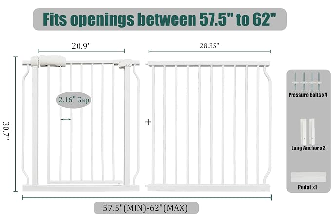 Extra Wide Baby Gate 57.5-62" Dog Gate for Doorways, Pressure Mounted No Drill Safety Gate for Kitchen, Hallways, White/Black Metal Pet Gate for Dogs