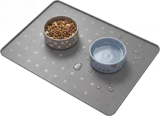 Silicone Pet Feeding Mat, 26x18 Inch Waterproof Dog Bowl Mat – Non-Slip, Machine Washable, Thin 0.28 Inch Edge for Messy Eaters, Protects Hardwood & Tile Floors, Dark Grey