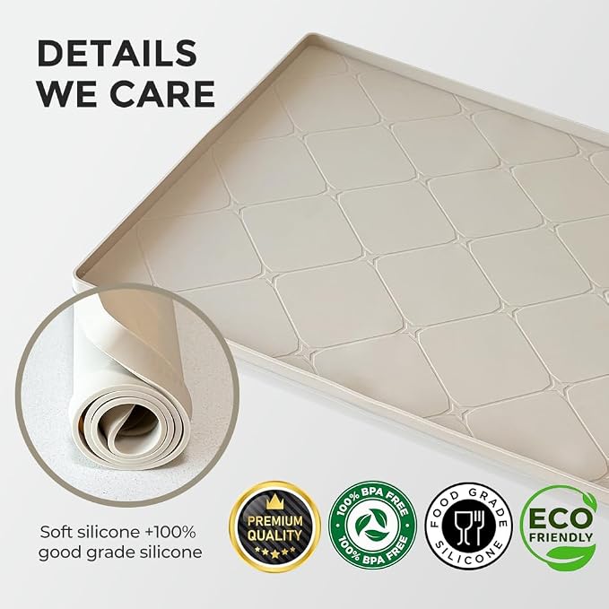 34" x 22" Under Sink Liner and Protector for Bottom of Kitchen Sink Beige, Waterproof Under-Sink Organizers Sink Mat Protectors, Flexible Silicone Drip Tray Pet Food Mats