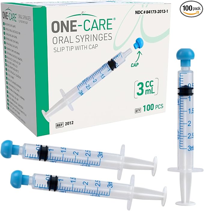 ONE-CARE 3ml Oral Syringe with Cap - Sterile, Individually Wrapped - 100 Syringes, Slip Tip, Uses include oral administration of medicine for infants, adults and animals