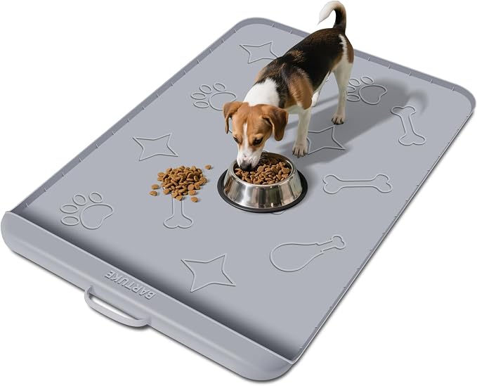 Dog Food Mat with Collection Pocket, 42''x28'' Extra Large Silicone Pet Feeding Mat for Food and Water, Waterproof Anti-Slip Dog Mat with Edge and Handle, Pet Placement for Floor(Light Grey)
