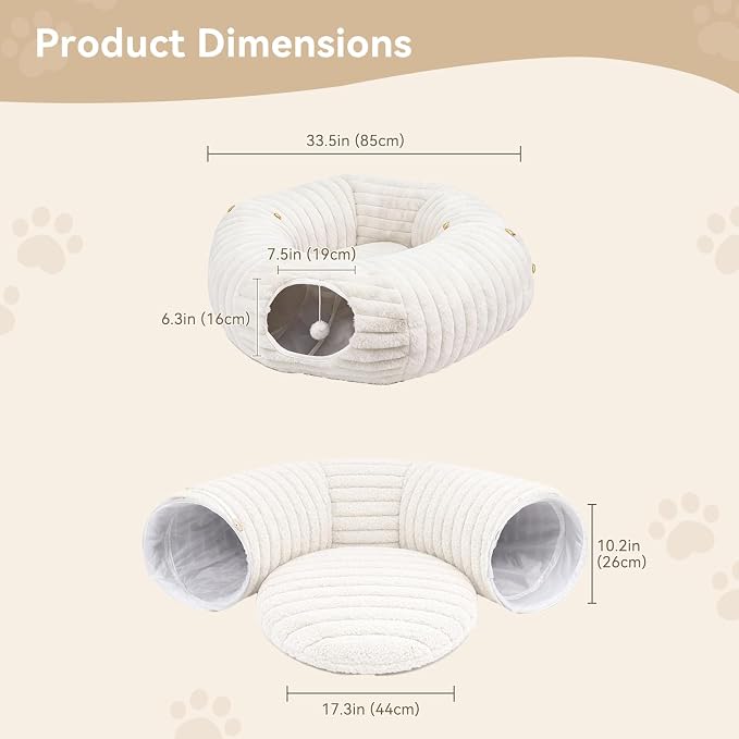 Cat Tunnel Bed Cave - Soft Washable Cushion for Indoor Cats, Peekaboo Hideaway Cave for Indoor Cats, Kittens, Puppies, Rabbits, Luxurious Striped Hare-Feel Fabric, Tunnels for Indoor Cats Large(White)