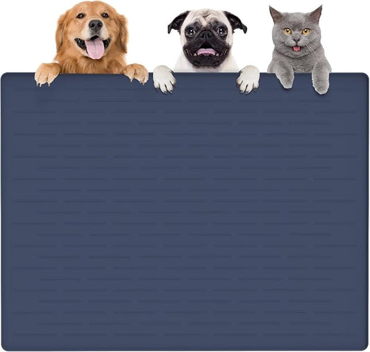 Largest Dog Food Mat, 39.5"x29.5" Silicone Dog and Cat Mat for Food and Water Bowls, Thinken Waterproof Non-Slip XXXL Pet Feeding Mat for Floors (Dark Blue)