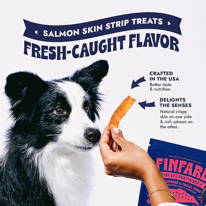 Finfare Freeze Dried Salmon Skin Treats for Dogs, Protein & Omega-3s, Grain Free Salmon Dog Training Treats, Crafted in USA, Strips - 4oz