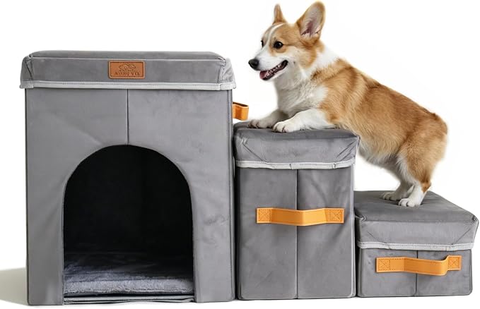 17" Dog Stairs for High Beds, 120 Lbs Capacity | Foldable and 3-Step design with storage & condo compartment, suitable for dogs & cats climbing bed, sofa and car