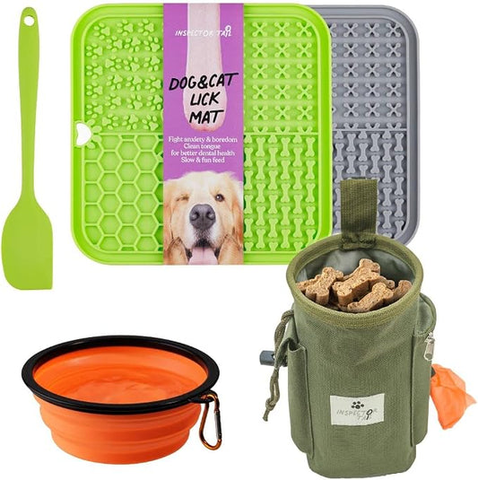 INSPECTOR TAIL Dog Travel Bundle | Licking Mat for Dogs with Treat Pouch, Silicone Spatula & Collapsible Bowl, Calming Training & Anxiety Relief Set