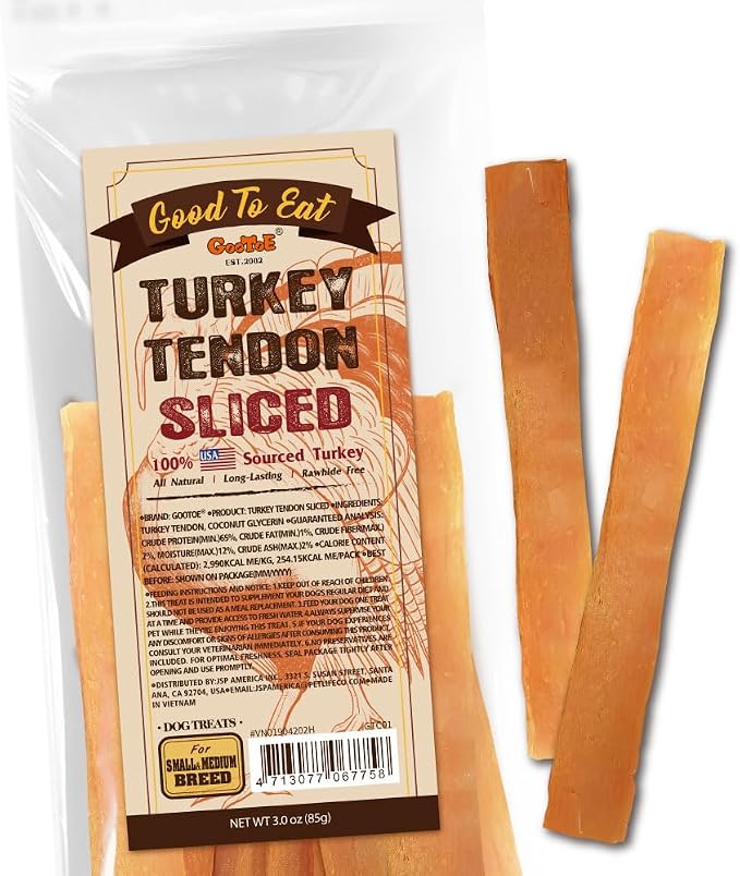 Gootoe Turkey Tendons for Dogs –All-Natural, Hypoallergenic Dog Treats, Rawhide Alternative, Long Lasting Puppy Chews, Healthy Dog Treats for Medium Breeds, Sliced (M), 3 oz Pack