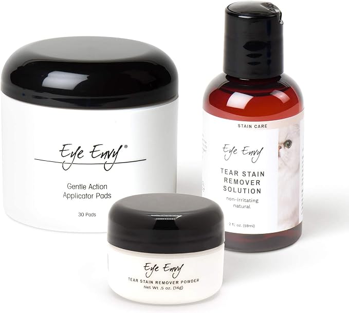 Eye Envy Cat Tear Stain Remover Starter Kit. Gentle, Natural, Safe. Contains: Stain Solution, Applicator Pads, and Stain Powder. Tear Stain Cleaning Kit. Lasts 30-45 Days. Made in USA