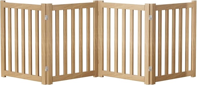 4-Panel Solid Wood Dog Gate - Freestanding Folding Pet Gate for Doorways, Stairs, Indoor, 24" Height, No Installation Needed, Natural Wood