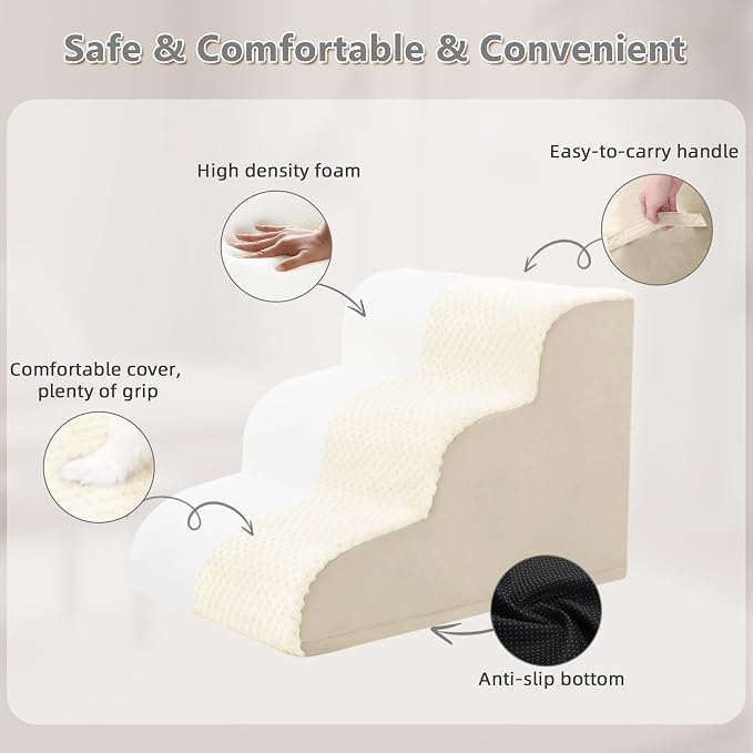 Dog Stairs Ramp, Curved 3-Step Dog Steps for Small Dogs and Cats, Pet Stairs for High Beds and Couch with Anti-Slip Washable Cover and Durable High Density Foam, Beige