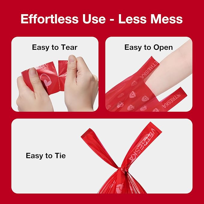 VETRESKA Dog Poop Bags with Handles 120 Count, Strawberry Scented Waste Bags, Leak-Proof Thick Dog Bags for Poop, Easy-Tie Large Poop Bags, 8 Refill Rolls for Dog Walking Cat Litter