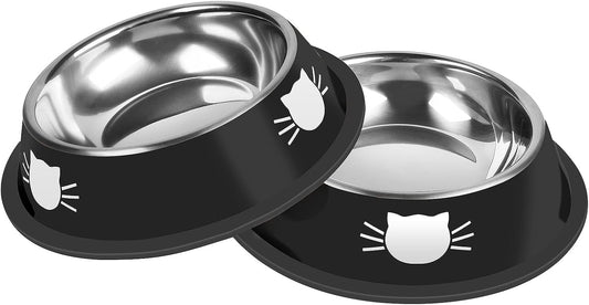 2 Pcs Non-Slip Stainless Steel Small Cat Food Bowls - Unbreakable, Thicken 13 Oz Cat Dishes - Indoor, Removable Rubber Base, Easily Clean, Lovely Color