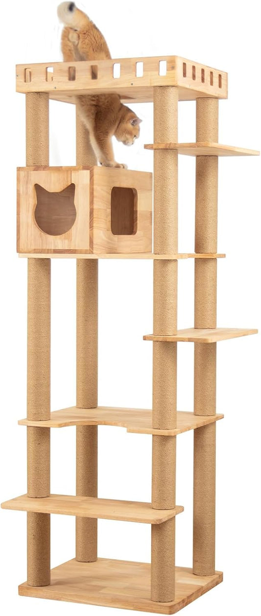 74" Wooden Cat Tree Tower for Large Cats, Multi-Level Cat Climbing Furniture with Scratching Posts, Cat Condo & Hammock, Natural Wood Cat Activity Center(Brown)