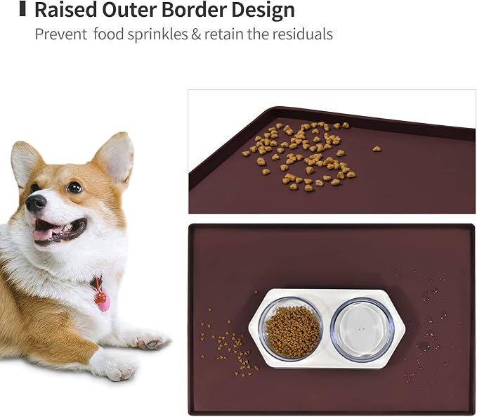 Dog Food Mat,Silicone Waterproof Food Tray,Non Slip Pet Bowl Mats Placemat,0.6" Raised Edge,Suitable for Most Small and Medium Sized Pets,18.5" x 11.5"