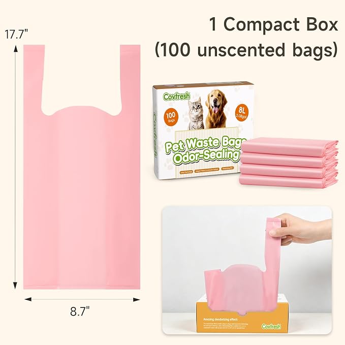 Odor Sealing Dog Poop Bags with Handles – 100 Count – Large Capacity | Heavy Duty Thick Pet Waste Bags - Leak Proof, Odor - Blocking (Pink)