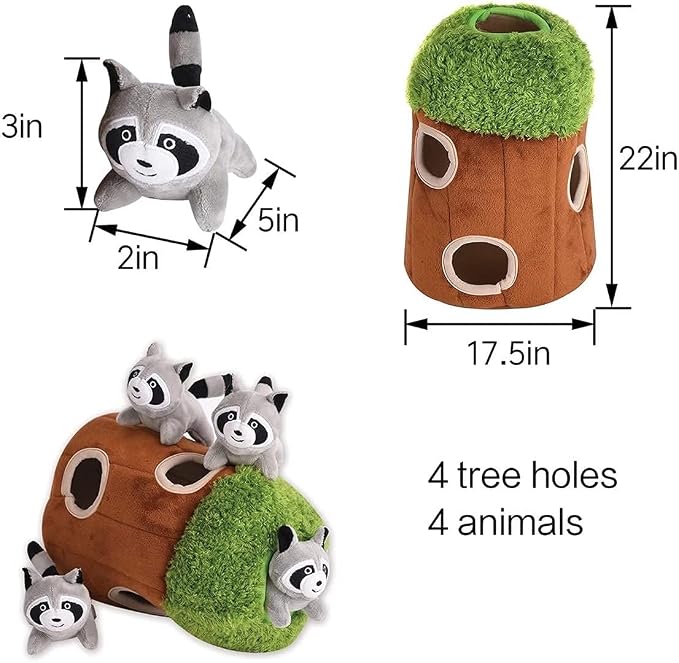 Glow Pups Hide and Seek Dog Toy, Interactive Plush Raccoon in Tree Burrow, Squeaky Woodland Style Dog Toys for Small Dogs, Mental Stimulation, Medium Size Tree with 4 Raccoon