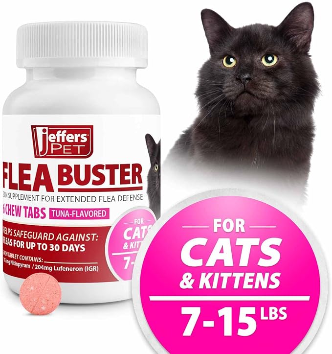 Jeffers Pet Flea Buster Chewable Tablets for Cats and Kittens 7-15 lbs, Tuna Flavor Supplements, Monthly Cat Flea Support, Made in USA, Easy to Feed Cat Tablets, Travel Friendly - 6 Count