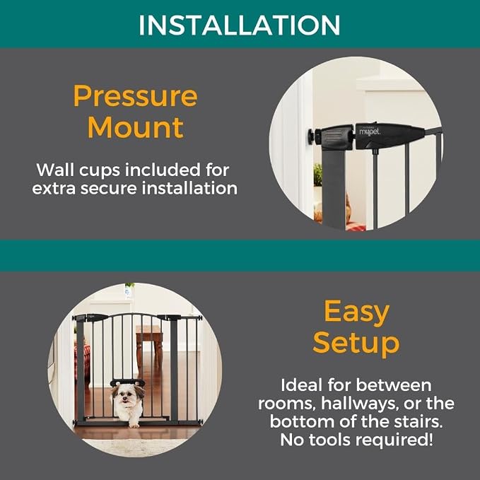 MYPET EasyPass Deco Wide Pet Gate: 29.75" - 40.5" Wide Dog Gate with Adjustable Pass-Thru Pet Door; Pressure Mounted, No Tools Needed, 31" Tall, Graphite Gray