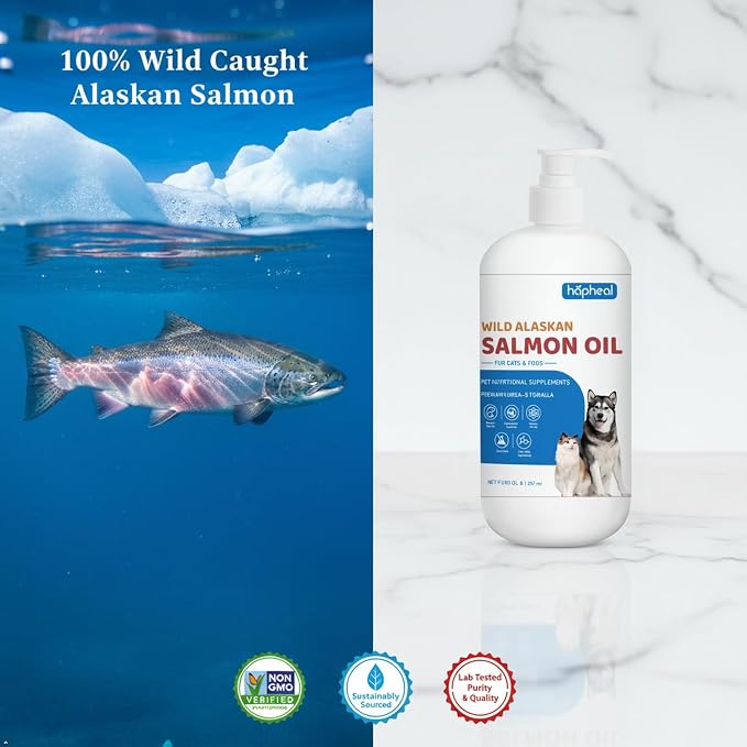 Wild-Caught Salmon Oil for Dogs & Cats - Omega 3 EPA DHA,Fish Oil Liquid Supplement for Skin & Coat Health (32 FLOZ Fish Oil)