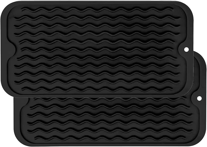 ZLR 2 Pcs Silicone Sink Caddy Tray (6" x 12" / 153 x 305mm) - Narrow Sponge Holder for Kitchen Counter - Waterproof Dish Drying Mat, Non-Slip Soap Dispenser Mat & Bathroom Vanity Organizer (Black)