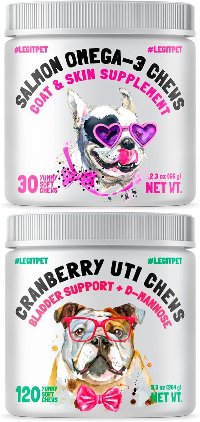 Omega 3 Alaskan Salmon Oil Treats for Dogs 30 Fish Oil Chews and Cranberry UTI Chews for Dogs Bladder Support + D-Mannose Supports Kidney Urinary Tract 120 Chews