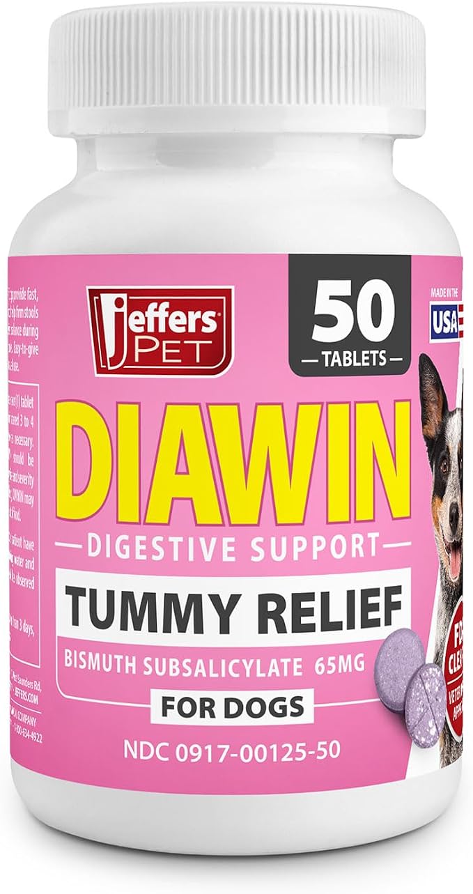 Jeffers Pet Diawin Dog Digestive Support Tablets, Veterinary Formulated, Bismuth Tummy Relief for Diarrhea for Dogs, Stool Firming, Gut Health, Made in USA - 50 Tablets