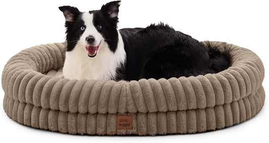 ChiXnuggle Orthopedic Dog Bed for XL Dogs, Waterproof Faux Rabbit Fur Dog Couch with Egg Crate Foam Support and Washable Removable Cover, Bolster Pet Sofa with Non-Slip Bottom, 41x30x7, Taupe