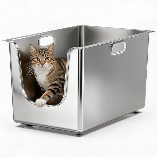 Stainless Steel Litter Box 11.8'' High Sides, XL Metal Cat Litter Box with Curved Low Entry, Cat Litter Pan for Big & Multiple Cats, Pet Toliet with Handy Wheels for Easy Moving