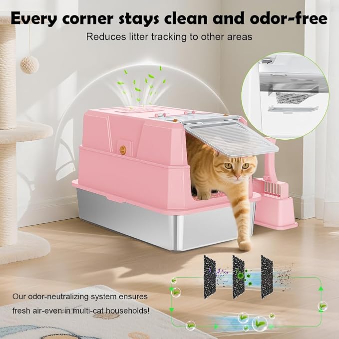 SZEE Stainless Steel Cat Litter Box with 180°Flip-Top Lid, Easy Clean XL Enclosed Litter Box, Large Covered Steel Cat Box with Scoop, Odor Control and Anti-Urine Leakage, 23.2 * 15 * 15 Inch, Pink