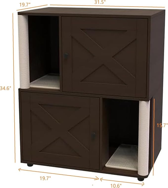 2 Tier Cat Washroom,Modern Farmhouse Double Cat Litter Box Enclosure Furniture,Hidden Cabinet with 2 Scratch Mats & Post, Multi-Functional End Side Table for 2 Cats, Odor-Control Wooden Washroom Cabin