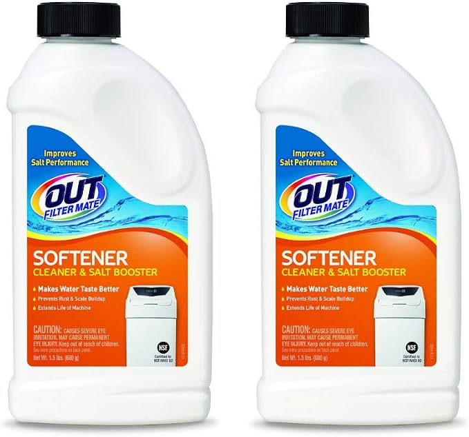 Out Filter Mate Water Softener Cleaner and Salt Booster Powder, 24 oz Bottle 2-Pack