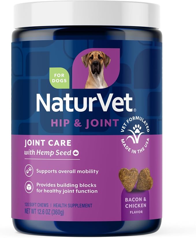 Healthy Joint Health Supplement for Dogs, Hemp Seed Oil, Hemp Seed Powder, Glucosamine, Msm and Chondroitin for a Powerful Joint Health Solution for your Dog, Made by NaturVet, 120 Count