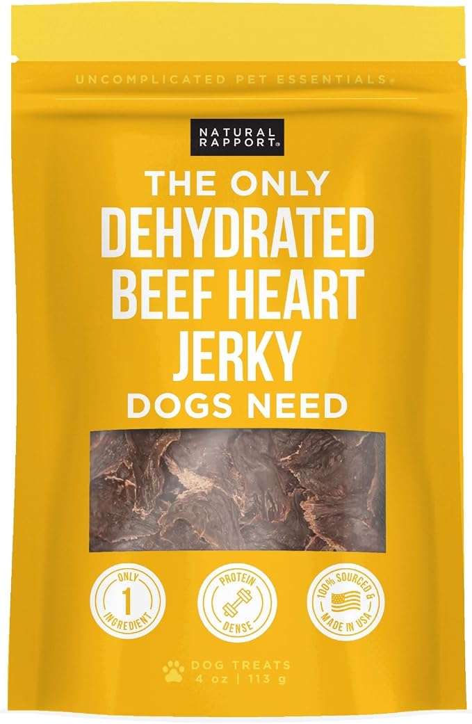 Natural Rapport Beef Heart Jerky Dog Treats - Single Ingredient, High Protein Dehydrated Treats for Training & Rewards (4 oz) (15+ Treats)