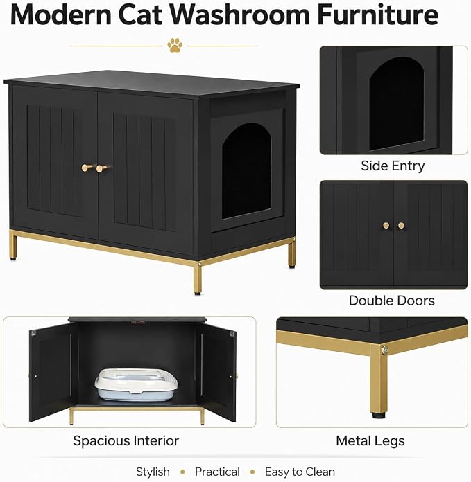 Homhedy Cat Litter Box Enclosure, Cat Washroom Furniture with Metal Frame, Pet House, Fit Most of Litter Box, Modern Style, Black and Gold