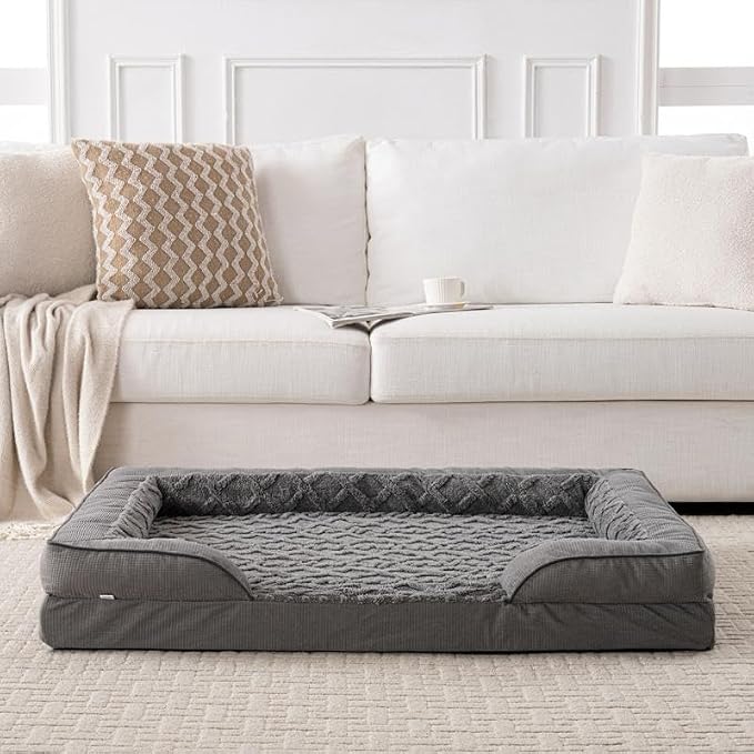 Dog Bed, Waterproof C-Shaped Pet Sofa with Removable Washable Cover, Non-Slip Bottom, Quilted Comfort Couch for All Dog and Cat Breeds (Dark Gray, 48" x 35" x 6.5")