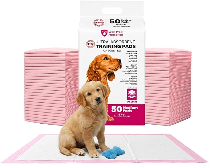 FPN Pink Puppy Pads for Dogs 50 Count 18X24 Inch | Disposable Pee Pads for Dogs & Puppies | Dog Training Pads, Large Pet Training Pads for Potty Training & Indoor Use
