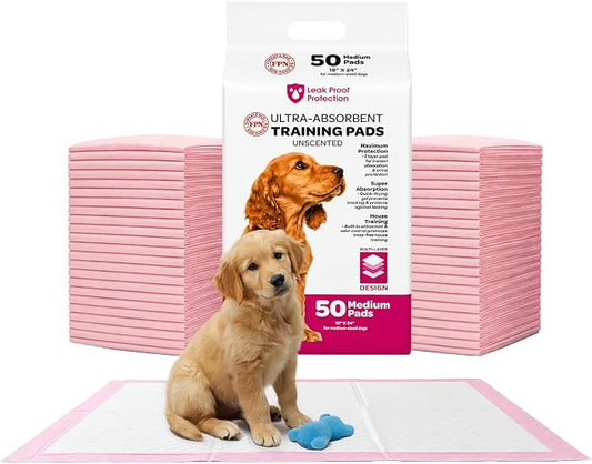 FPN Pink Puppy Pads for Dogs 50 Count 18X24 Inch | Disposable Pee Pads for Dogs & Puppies | Dog Training Pads, Large Pet Training Pads for Potty Training & Indoor Use