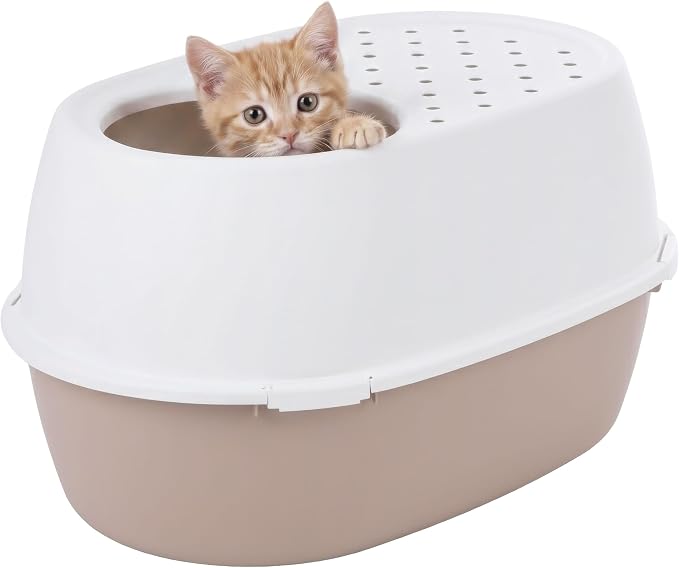 IRIS USA Extra Large Litter Box with Lid, Top Entry, Jumbo Enclosed Covered Litter Box for Large Cats, 19" L x 29" W x 15" H, Dog-Proof 4-Buckle Design, Reduced Tracking Lid, Beige/White