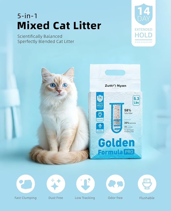 Zutto Nyan 5 in 1 Cat Litter - Superior Odor Control, Fast Clumping, Flushable, Low Tracking, 99% Dust Free. Tofu, Bentonite & Cassava Blend with Natural Deodorizers (5.3lb X 4 Bag)