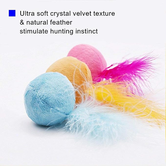 Furry Rattle Ball Cat Toy with Feather and Catnip - Interactive Pom Pom Balls for Cats, Soft and Lightweight, 2 Inch, 3 Pack.