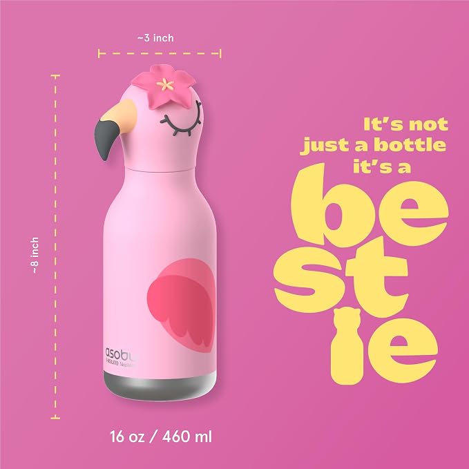 Asobu Bestie Bottle Limited Edition Collectible Kids Water Bottle with Animal Character Lid 16oz (460ml) Insulated Stainless Steel, Leakproof, Reusable with Straw Fun Gift for Girls & Boys