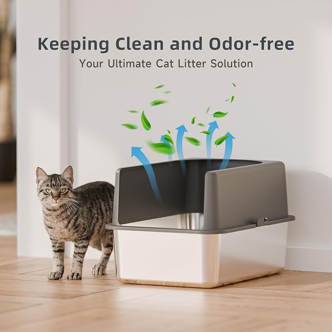 Booche High-Sided Stainless Steel Cat Litter Box,Stainless Steel Litter Box with Lid,Extra Medium Box,Easy-to-Clean Metal Litter Pan for Cats (20''L X 14''W X 12''H with Enclosure)