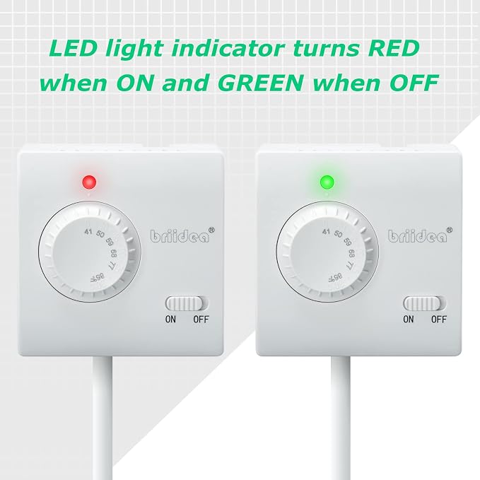 Adjustable Thermostat, Briidea Plug in Heating & Cooling Thermostat with LED Indicator, Compatible with Space Heater, Window Air Conditioners, Fans, Ideal for Household, Reptile, Greenhouse