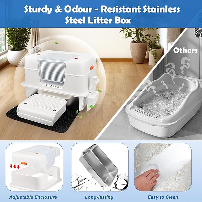 SZEE Stainless Steel Litter Box with Lid, Easy to Clean and NO Absorb Odor, Extra Large Litter Box with Open/Enclosed Modes, Includes Litter Scoop, Litter Mat & Trapping Box